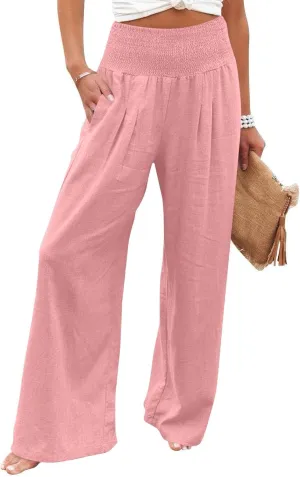 Women's Casual Straight Leg Solid Color High Waist Pocket Dressy Loose Fit Fashion Pants