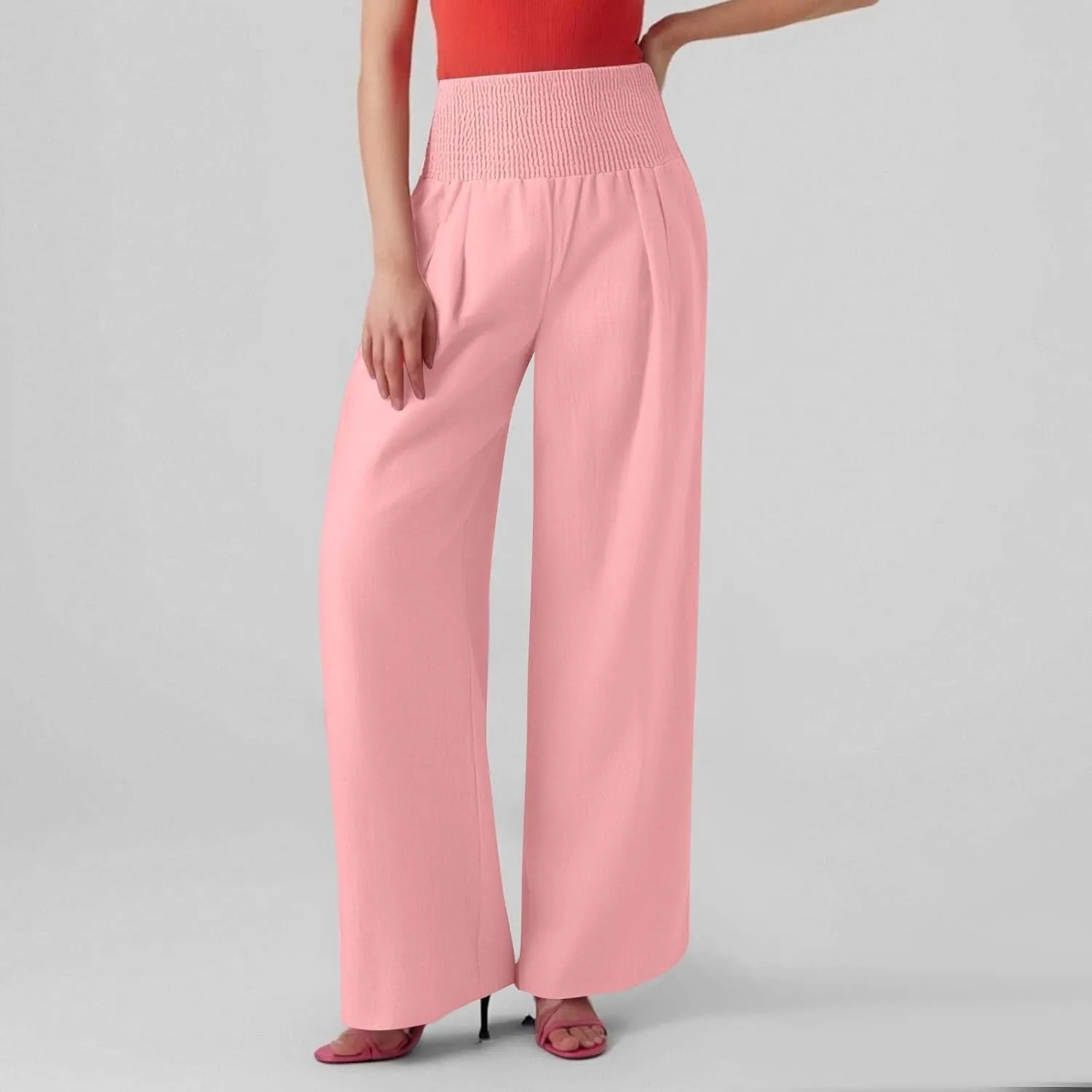 Women's Casual Straight Leg Solid Color High Waist Pocket Dressy Loose Fit Fashion Pants