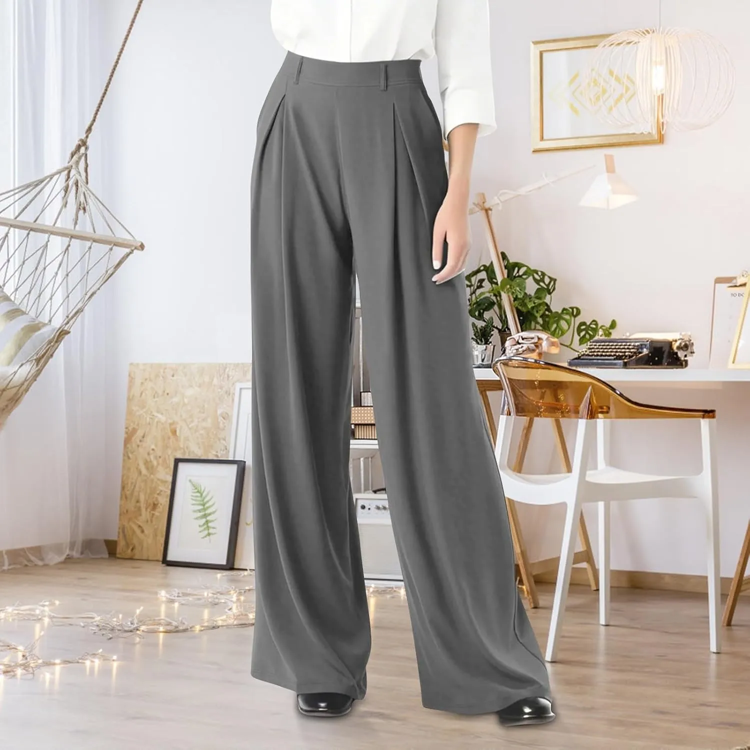 Women's Fashion Draped High-Waisted Wide Leg Peplum Casual Loose Long Dressy Loose Fit Pants