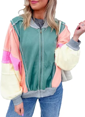 Womens Oversized Color Block Bomber Jacket Long Sleeve Zip Up Loose Varsity Jacket Trendy Y2K Letterman Jacket Coat