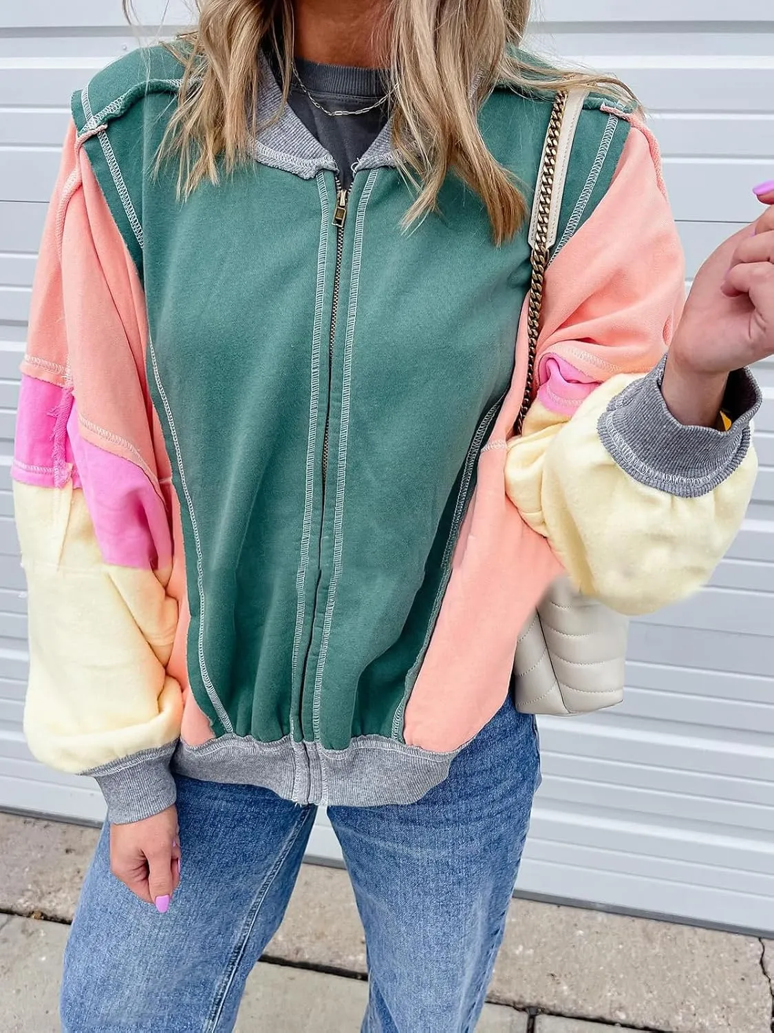 Womens Oversized Color Block Bomber Jacket Long Sleeve Zip Up Loose Varsity Jacket Trendy Y2K Letterman Jacket Coat
