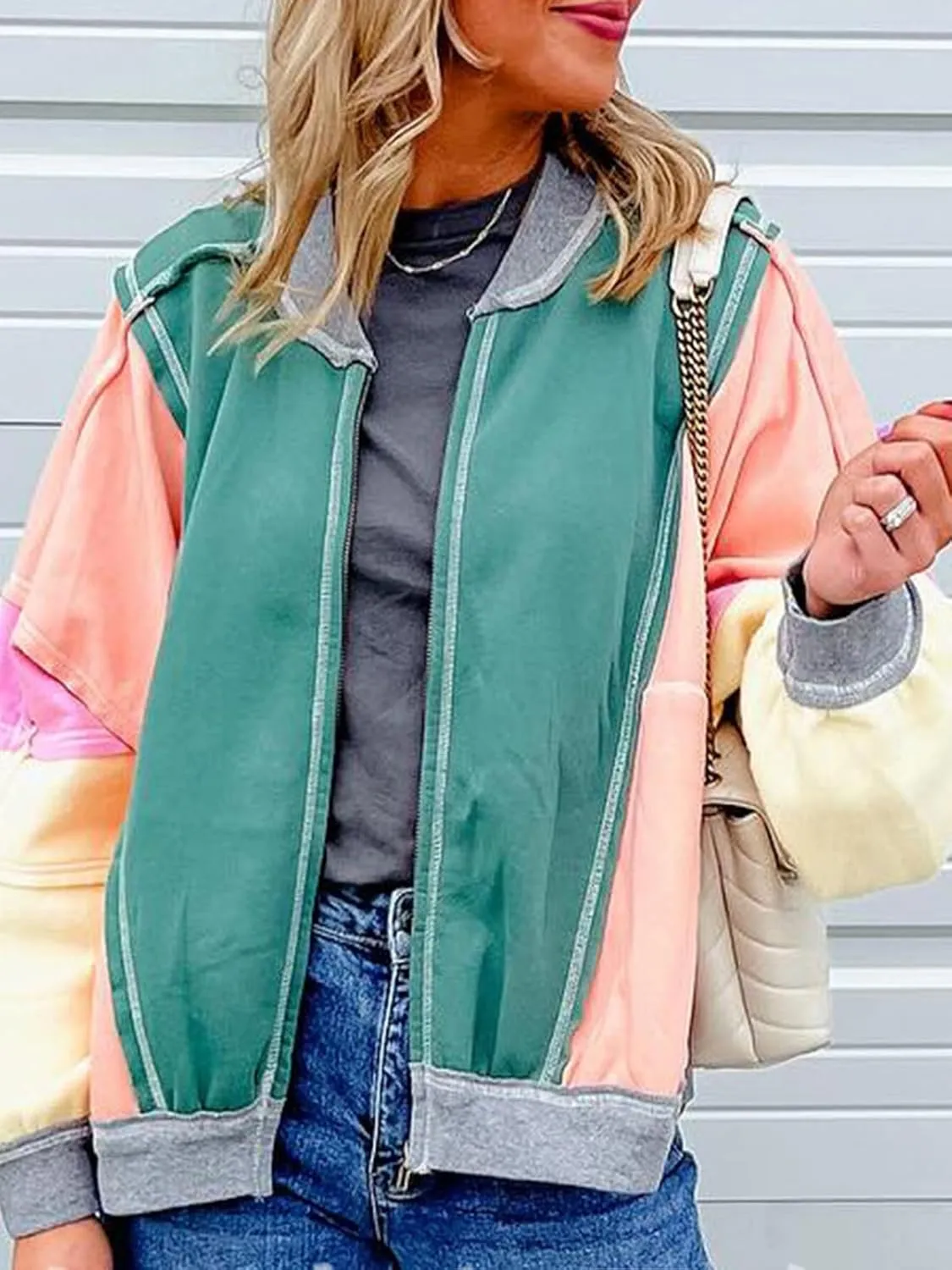 Womens Oversized Color Block Bomber Jacket Long Sleeve Zip Up Loose Varsity Jacket Trendy Y2K Letterman Jacket Coat