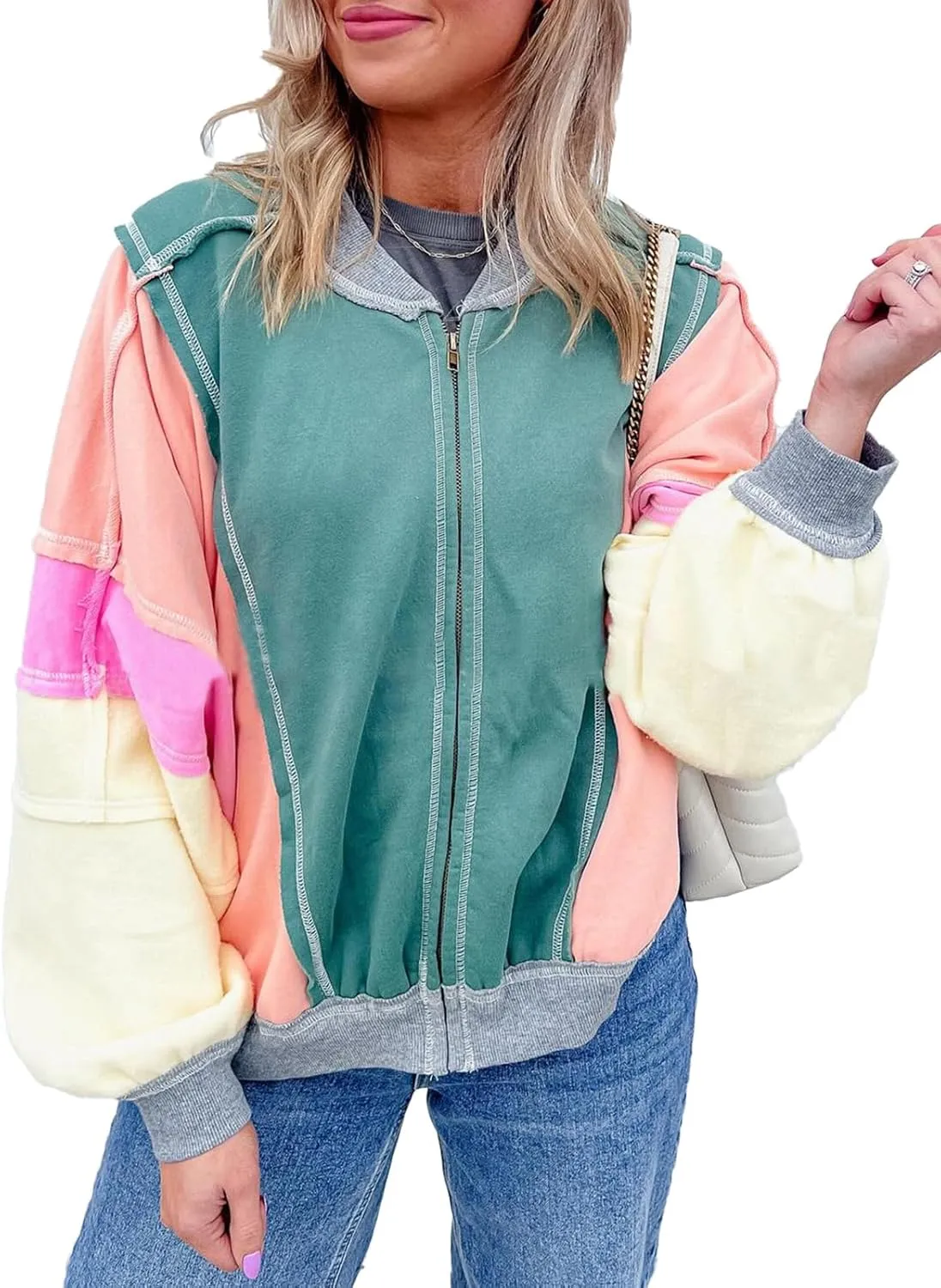 Womens Oversized Color Block Bomber Jacket Long Sleeve Zip Up Loose Varsity Jacket Trendy Y2K Letterman Jacket Coat
