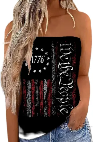 Women's Tube Tops Striped Backless Strapless Top Sleeveless American Flag Smocked Strapless Bandeau Tanks Top Shirt