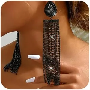 Xerling Long Rhinestones Tassel Teardrop Black Chandelier Fringe Earrings for Women Boho Statement Wedding Party Halloween Dangle Drop Earrings