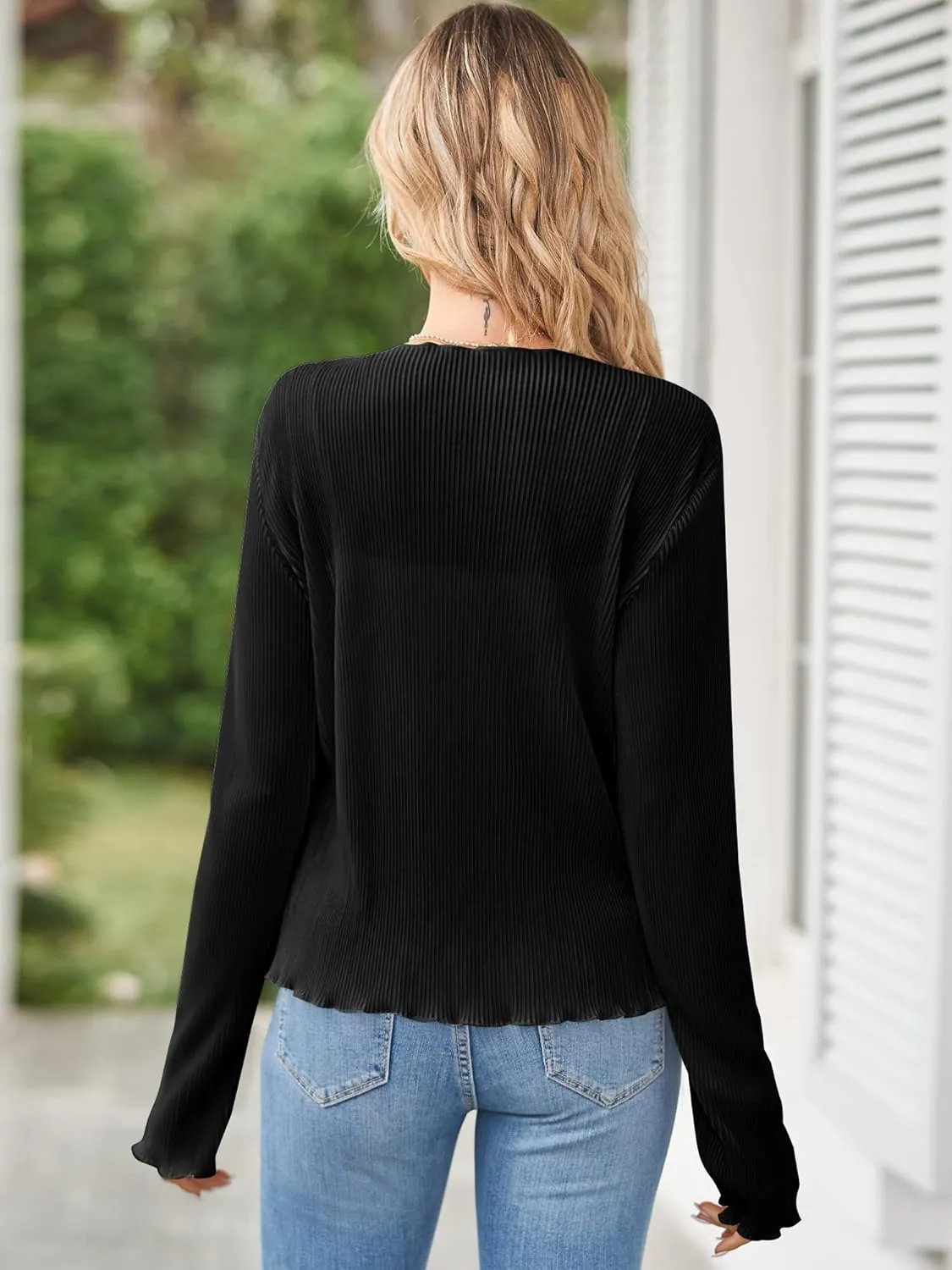 ZAFUL Women's Deep V Neck Tie Front Top Flare Sleeve Plisse Pleated Blouse Shirt Top Y2k Vintage Streetwear